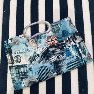 Graphic Print Blue Clutch with Silver Handle